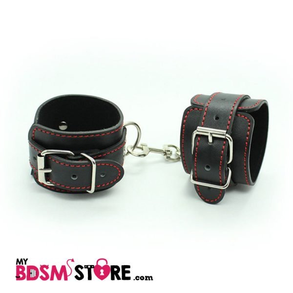 Restricciones de cuero de hilo rojo muñequeras tobilleras para bondage y mybdsmstore wrist ankle cuffs bordado threaded red BDSM 2