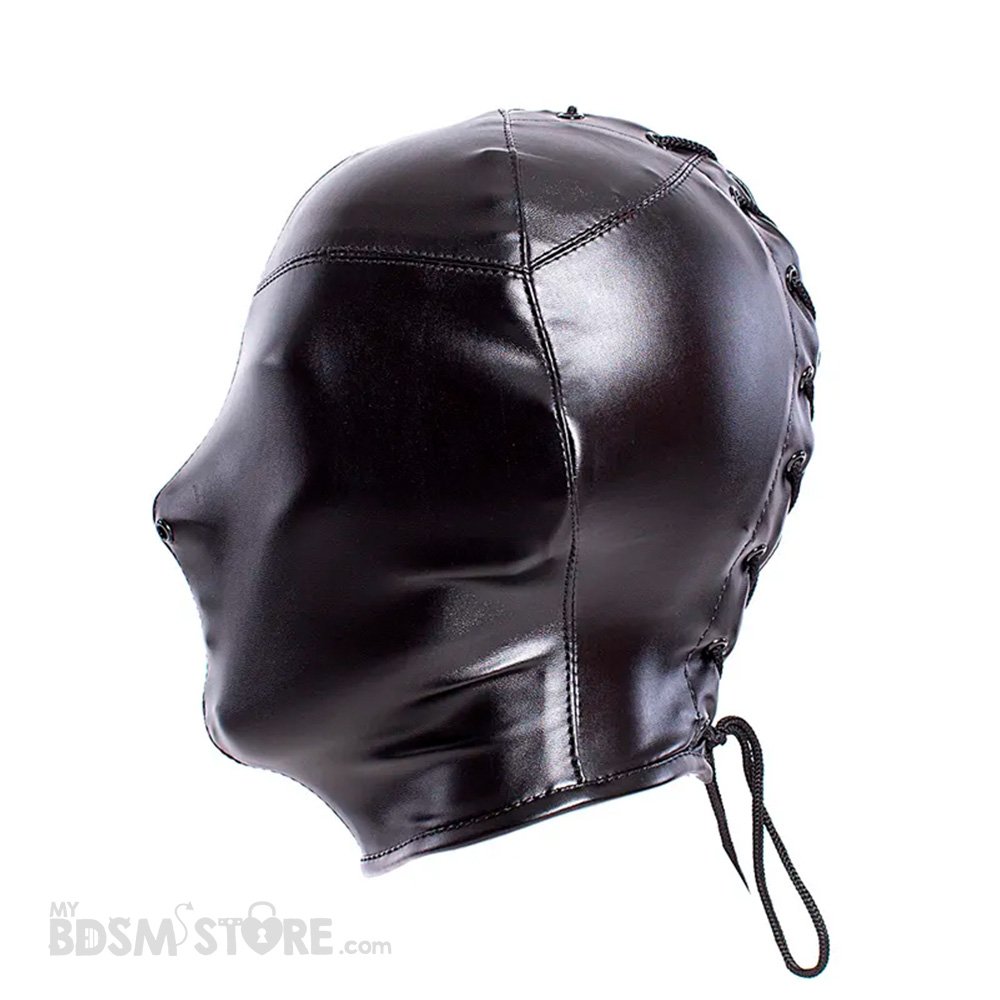 Mascara cerrada cuero sintético aislamiento privación sensorial BDSM agujeros nariz bondage lateral Mascara cerrada cuero sintético aislamiento privación sensorial BDSM agujeros nariz bondage lateral
