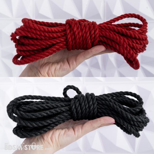 Cuerda de yute Japonés para shibari Premium teñida negro rojo, red black rope bondage atado atadura fetish BDSM pared muestra