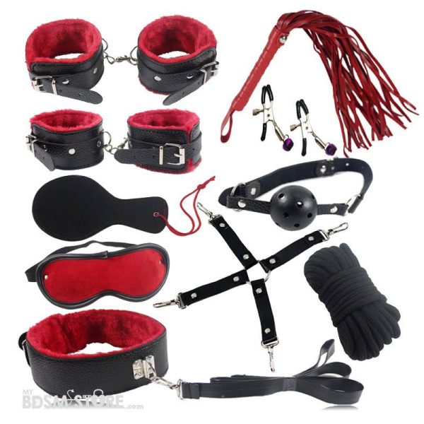 Kit de inicación BDSM muñequeras tobilleras flogger collar correa mordaza cuerda wrist ankle cuffs leash gag rope begginers negro y rojo