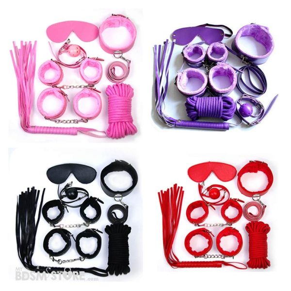Kit de inicación BDSM muñequeras tobilleras flogger collar correa mordaza cuerda wrist ankle cuffs leash gag rope begginers Main