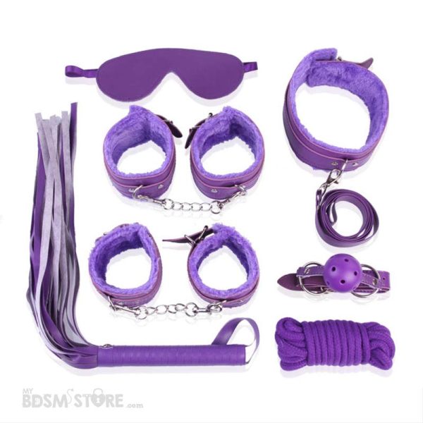 Kit de inicación BDSM muñequeras tobilleras flogger collar correa mordaza cuerda wrist ankle cuffs leash gag rope begginers Cotton Purple Morado