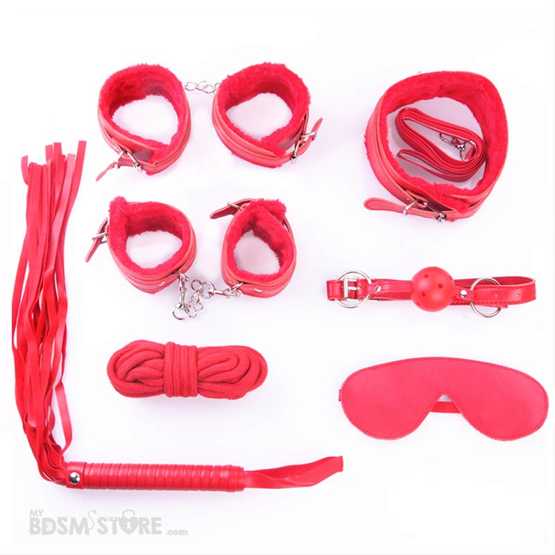 kit-de-iniciación-al-bdsm-rojo-con-muñequeras,-tobilleras,-flogger,-collar,-correa-mordaza-y-cuerda-de-algodón Kit de inicación BDSM muñequeras tobilleras flogger collar correa mordaza cuerda wrist ankle cuffs leash gag rope begginers Red Rojo