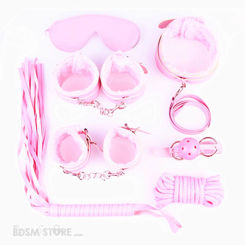 kit-de-iniciación-al-bdsm-rosa-con-muñequeras,-tobilleras,-flogger,-collar,-correa-mordaza-y-cuerda-de-algodón Kit de inicación BDSM muñequeras tobilleras flogger collar correa mordaza cuerda wrist ankle cuffs leash gag rope begginers Pink
