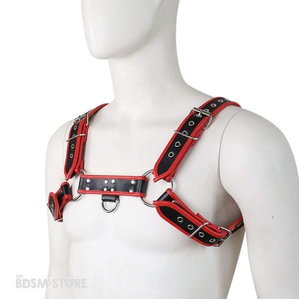 Arnes TOP Masculino con argollas fetish gay ajustable en rojo y negro perfil harness gay BDSM club fetish wear