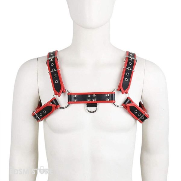 Arnes TOP Masculino con argollas fetish gay ajustable en rojo y negro perfil harness gay BDSM club fetish frontal
