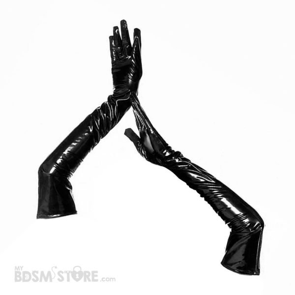 Guantes Brillantes por encima del codo estilo wet look fetish BDSM bondage dominatrix slut ama dominacion sexy sensual latex PVC negros levantados