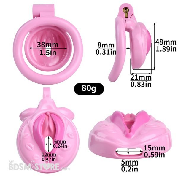 Jaula de Castidad Emulación Vagina Rosa emasculante clitoris resina plastica ligera humillacion BDSM bondage fetish feminizacion 4 anillas medidas