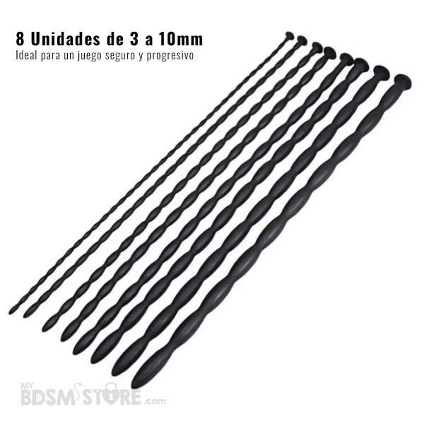 Set de Sondas Uretrales de Silicona 8 unidades placer seguras con tope negras plug sensaciones estimulacion pene 8 unidades tamaño