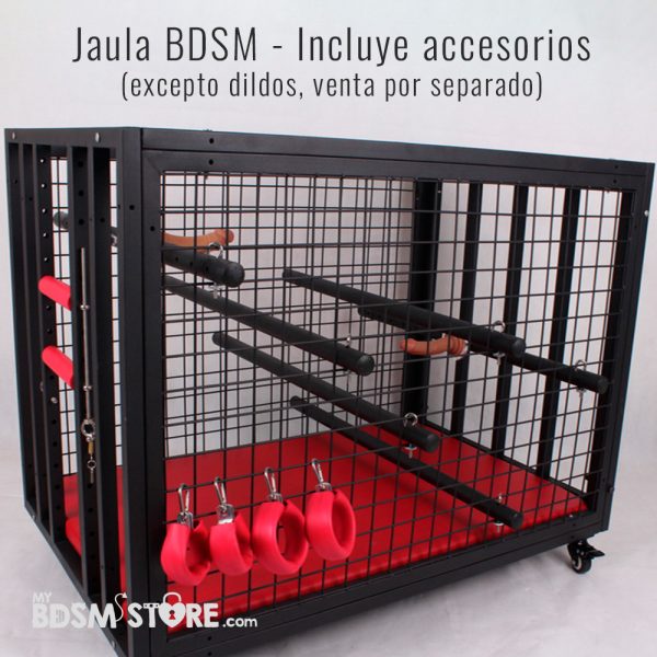 Jaula para Sumisos y esclavos BDSM con barrotes y accesorios mobiliario perro dog kennel forniture bondage fetish kink negro rojo main