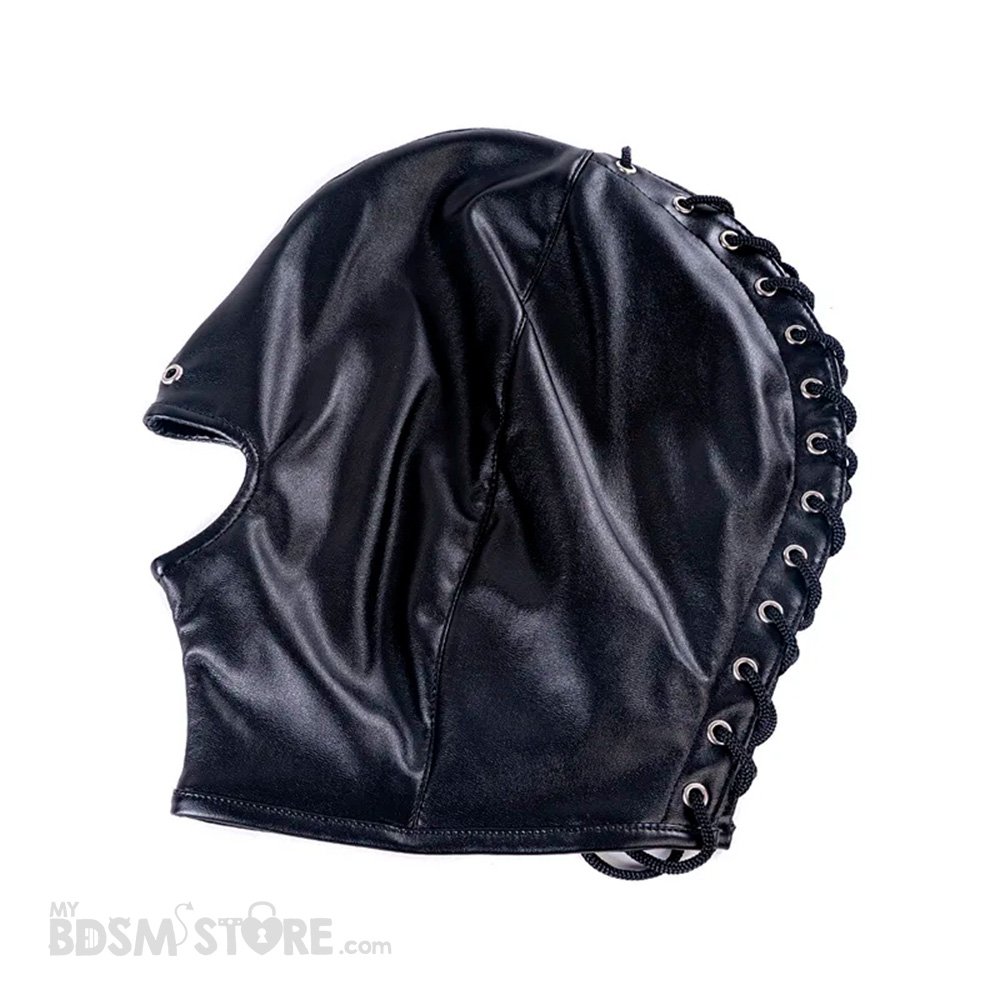 Máscara boca expuesta ajustable capucha cordon cordel corset agujeros respiración cuero sintético alta calidad resistente sumiso sumisa negra fetish BDSM doblada 2 Máscara boca expuesta ajustable capucha cordon cordel corset agujeros respiración cuero sintético alta calidad resistente sumiso sumisa negra fetish BDSM doblada 2