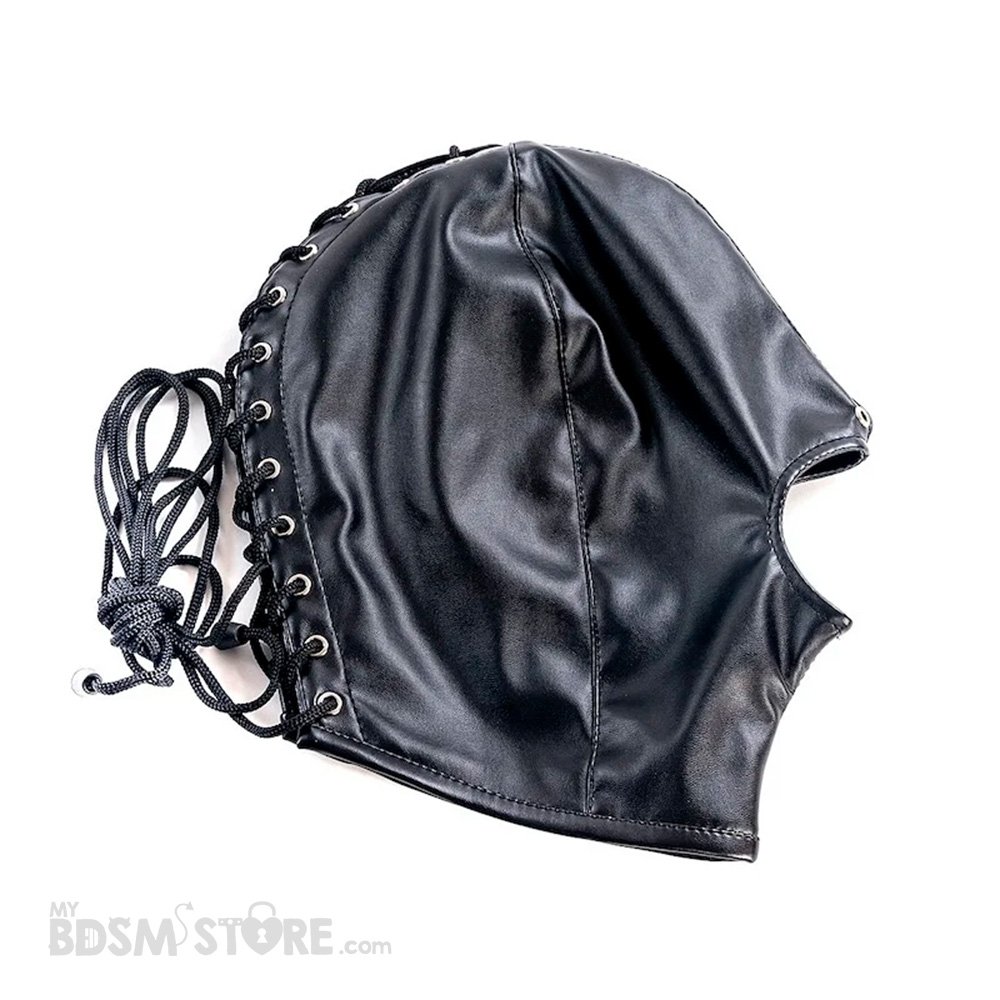 Máscara boca expuesta ajustable capucha cordon cordel corset agujeros respiración cuero sintético alta calidad resistente sumiso sumisa negra fetish BDSM doblada Máscara boca expuesta ajustable capucha cordon cordel corset agujeros respiración cuero sintético alta calidad resistente sumiso sumisa negra fetish BDSM doblada