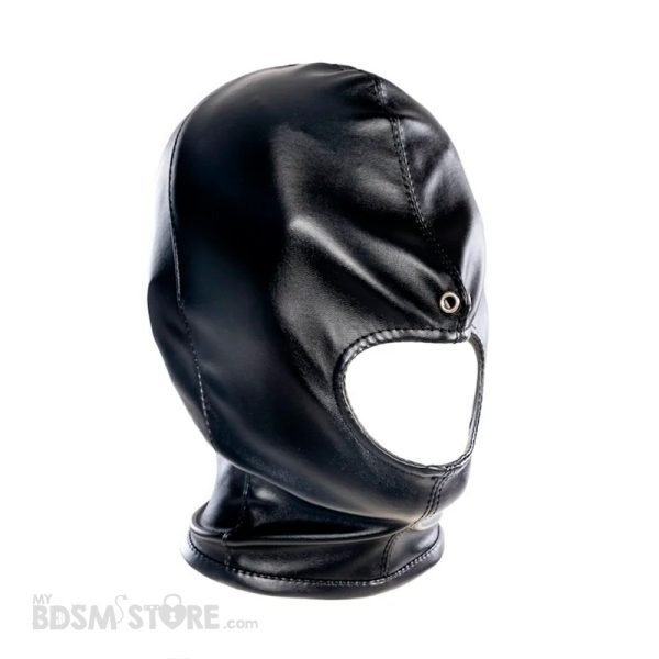 Máscara boca expuesta ajustable capucha cordon cordel corset agujeros respiración cuero sintético alta calidad resistente sumiso sumisa negra fetish BDSM Main