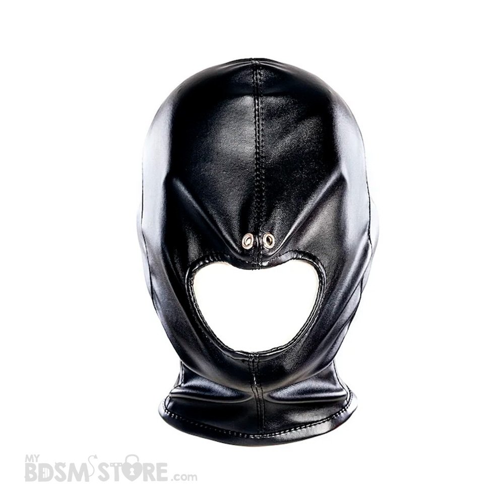 Máscara boca expuesta ajustable capucha cordon cordel corset agujeros respiración cuero sintético alta calidad resistente sumiso sumisa negra fetish BDSM frontal Máscara boca expuesta ajustable capucha cordon cordel corset agujeros respiración cuero sintético alta calidad resistente sumiso sumisa negra fetish BDSM frontal