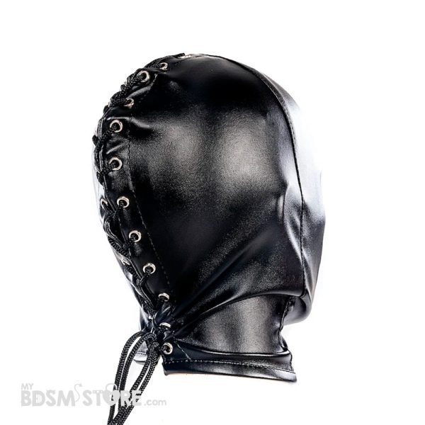 Máscara boca expuesta ajustable capucha cordon cordel corset agujeros respiración cuero sintético alta calidad resistente sumiso sumisa negra fetish BDSM trasera