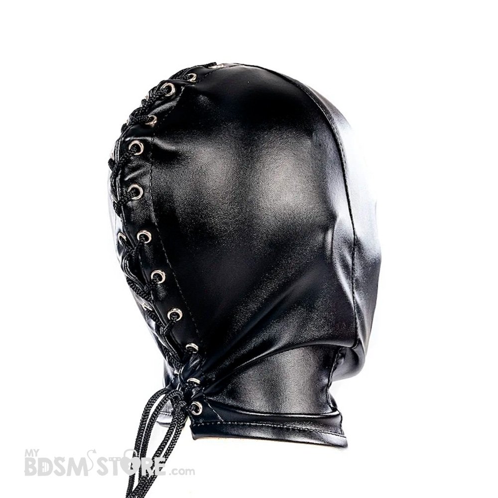 Máscara boca expuesta ajustable capucha cordon cordel corset agujeros respiración cuero sintético alta calidad resistente sumiso sumisa negra fetish BDSM trasera Máscara boca expuesta ajustable capucha cordon cordel corset agujeros respiración cuero sintético alta calidad resistente sumiso sumisa negra fetish BDSM trasera